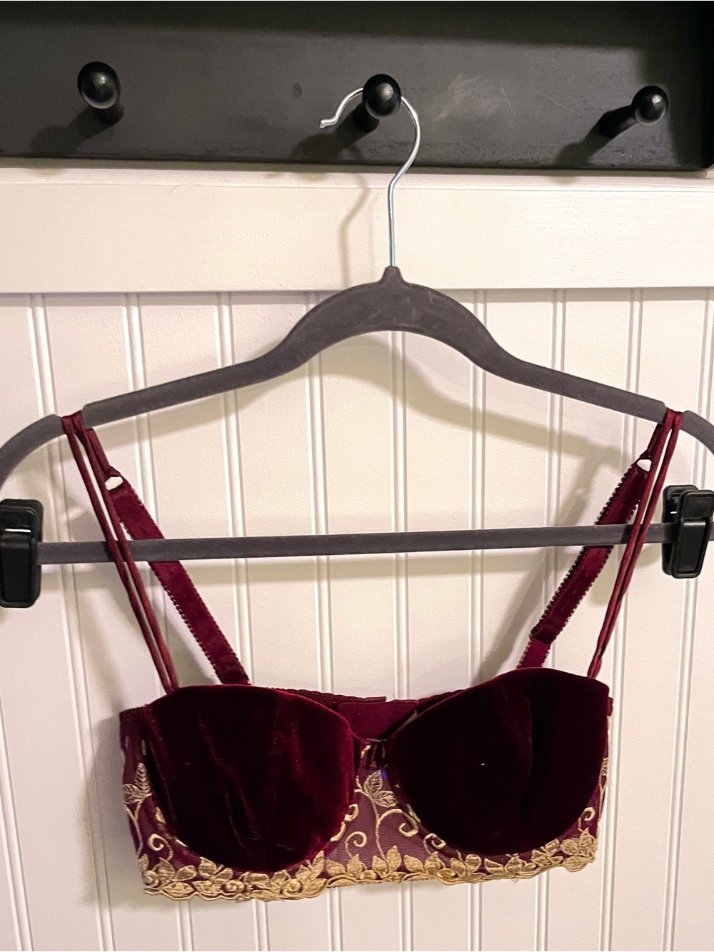 delicates Burgundy Velvet Bustier Bra with Gold Embroidery